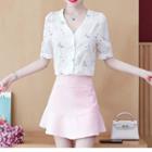 Short-sleeve Floral Print Eyelet Top