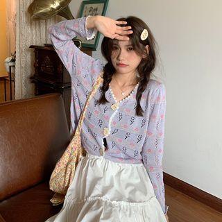 Flower Print Pointelle Knit Cardigan