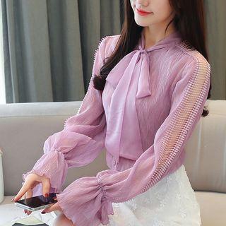 Tie-neck Perforated Blouse