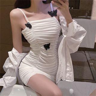 Butterfly Applique Spaghetti-strap Ruched Mini Sheath Dress