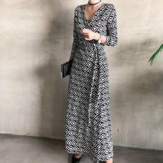 Geo Pattern Maxi Surplice-wrap Dress Black - One Size