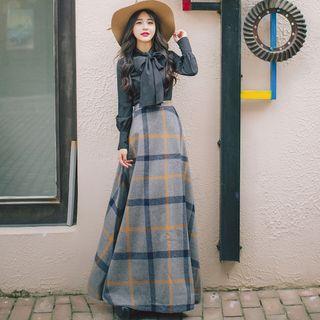 Long-sleeve Bow-accent Blouse / Check Maxi Skirt