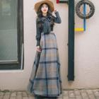 Long-sleeve Bow-accent Blouse / Check Maxi Skirt