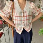 Short-sleeve Plaid Top White - One Size