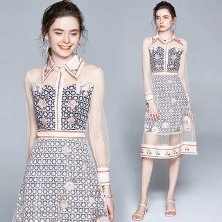 Collared Long-sleeve Long-sleeve Midi A-line Dress