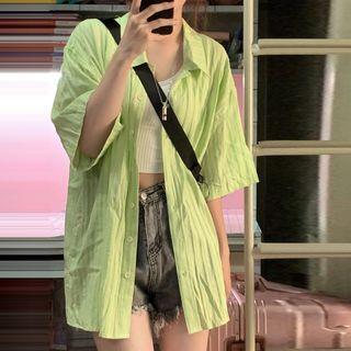 Elbow-sleeve Striped Shirt Green - One Size
