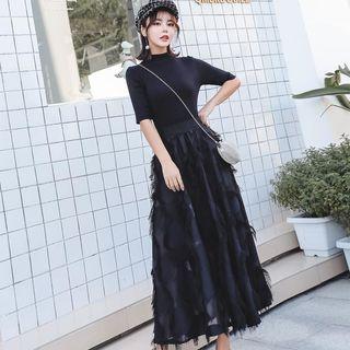 Set: Mock-neck Knit Top + Fringed Midi A-line Skirt