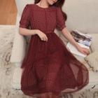 Dotted Short-sleeve Mesh Overlay Chiffon Dress
