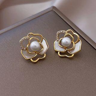 Flower Faux Pearl Alloy Earring 1 Pair - Faux Pearl - White & Gold - One Size