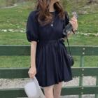 Plain Short-sleeve Tie-waist Button Mini A-line Dress