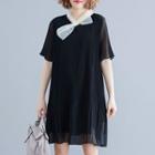 Bow Neck Short-sleeve A-line Chiffon Dress Black - One Size