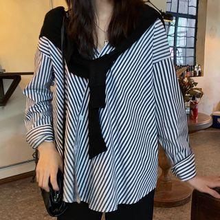 Striped V-neck Loose-fit Blouse Stripe - One Size