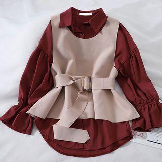 Set: Plain Blouse + Tie Waist Knit Vest