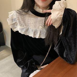 Ruffle Trim Lace Panel Velvet Top