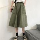 Plain A-line Midi Skirt Green - One Size