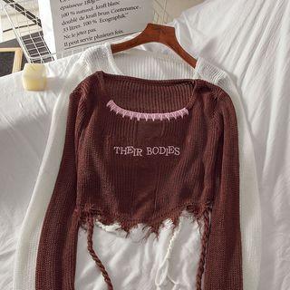 Letter Embroidered Distressed Cropped Sweater