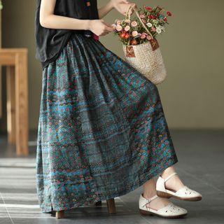 Flower Print Maxi A-line Skirt Blue - One Size