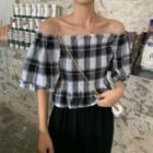 Off-shoulder Gingham Blouse As Shown In Figure - One Size