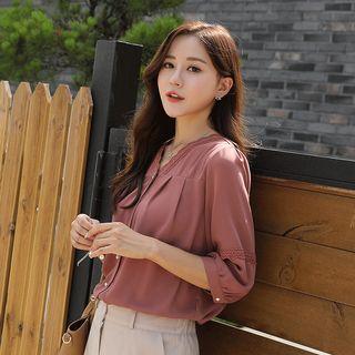 V-neck Lace-trim Faux-pearl Blouse