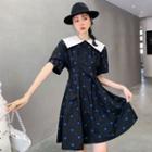 Short-sleeve Contrast Collar Floral Embroidered Mini A-line Dress
