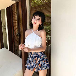Set: Lace Trim Bikini + Patterned Swim Skirt