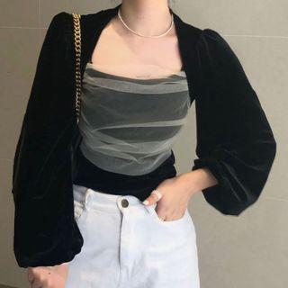 Puff-sleeve Velvet Panel Mesh Blouse Black - One Size