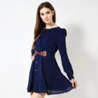 Puff-sleeve Belted Dress Blue - One Size