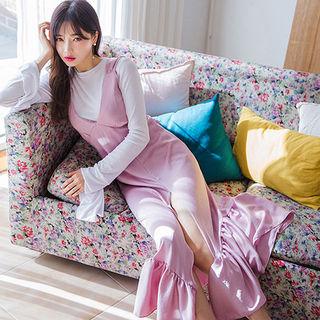 Ruffle-hem Satin Maxi Jumper Dress