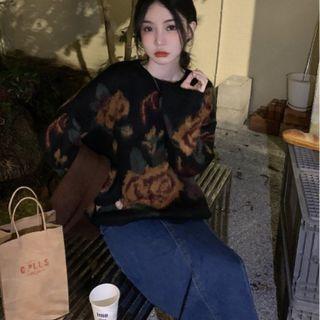 Flower Print Sweater Coffee & Green & Black - One Size
