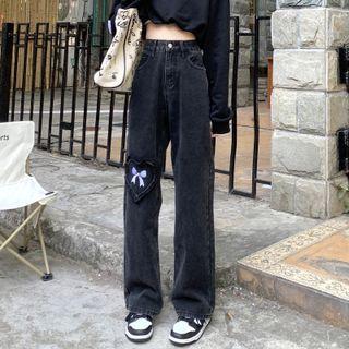 High Waist Bow Heart Panel Straight Leg Jeans