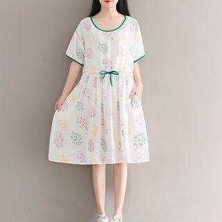 Short-sleeve Floral Drawstring Dress