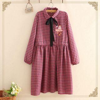 Long-sleeve Bird Embroidered Plaid A-line Dress