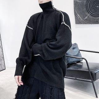 Turtleneck Contrast Stitching Sweater Black - One Size