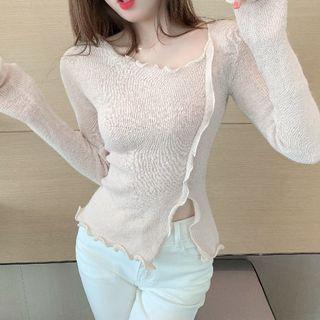 Long-sleeve Asymmetrical Ruffled Knit Top