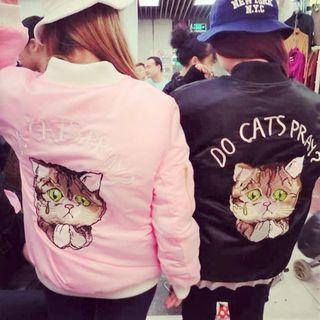 Cat Embroidery Bomber Jacket Pink - One Size