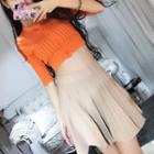 Set: Cropped Elbow Sleeve Knit Top + Scallop Hem A-line Skirt