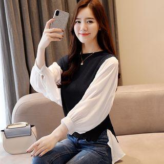 Mock Two-piece Puff-sleeve Chiffon Blouse