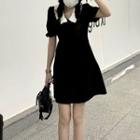 Short-sleeve Collared Mini A-line Dress Dress - Black & White - One Size