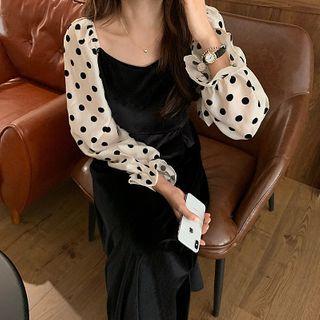 Mock Two Piece Polka Dot Velvet Dress Black - One Size
