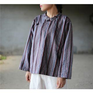 Long Sleeve Frog-buttoned Blouse Stripes - Black & Brown - One Size