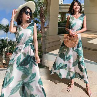 Sleeveless Leaf Print Maxi A-line Dress