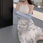 Halter-neck Camisole Top / Cardigan / Floral Midi A-line Skirt