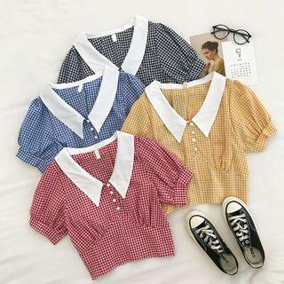 Color-block Plaid Peter-pan Collar Short-sleeve Top