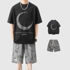Elbow-sleeve Crescent Print T-shirt / Tie-dyed Wide Leg Shorts