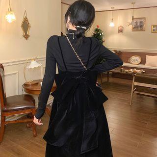 Spaghetti Strap Bow-back Velvet Midi Dress / Long-sleeve Mock-neck Top