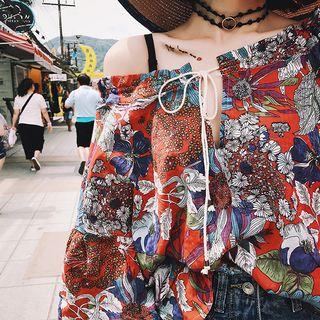 Long-sleeve Frill Trim Patterned Top