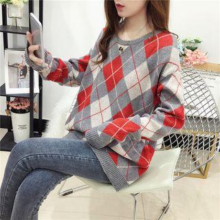 Patterned Sweater Patterned - Gray & Red & Off-white - One Size