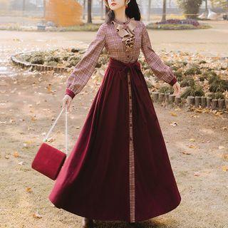 Long-sleeve Plaid Panel Ruffle Trim Maxi A-line Dress