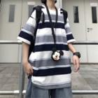 Short-sleeve Round Neck Stripe T-shirt White - One Size