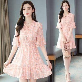 Elbow-sleeve Floral Print Tie-neck Mini A-line Dress
